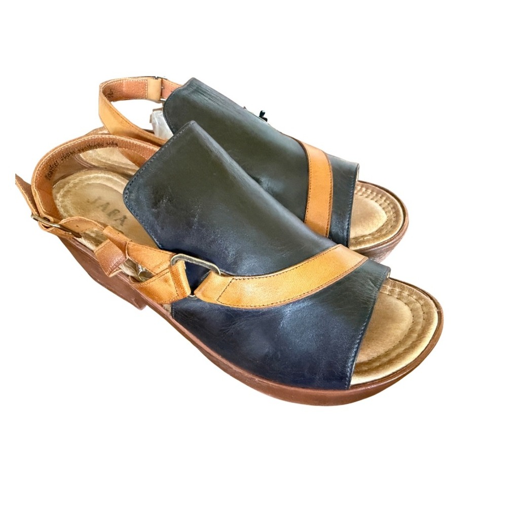 Jafa 706 Leather Platform Sandals Black Tan Slingback Clog Heel Size 41